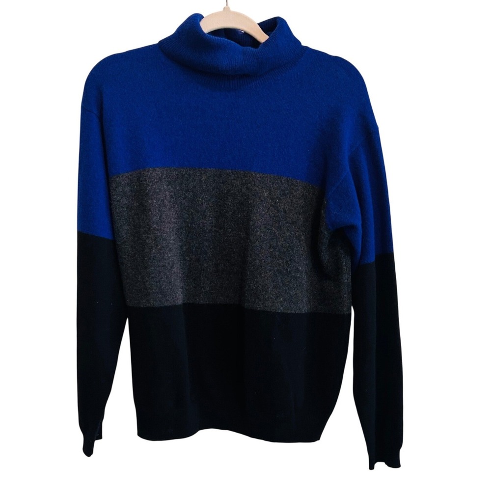 C by Bloomingdales Sz M Cashmere Colorblock Turtleneck Sweater Blue Grey Black